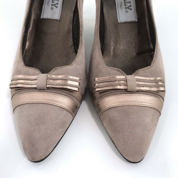 Bally Italy Suede Pumps Taupe Rose Gold Slip On Heels Bow Womens Size 8N - Picture 4 of 11